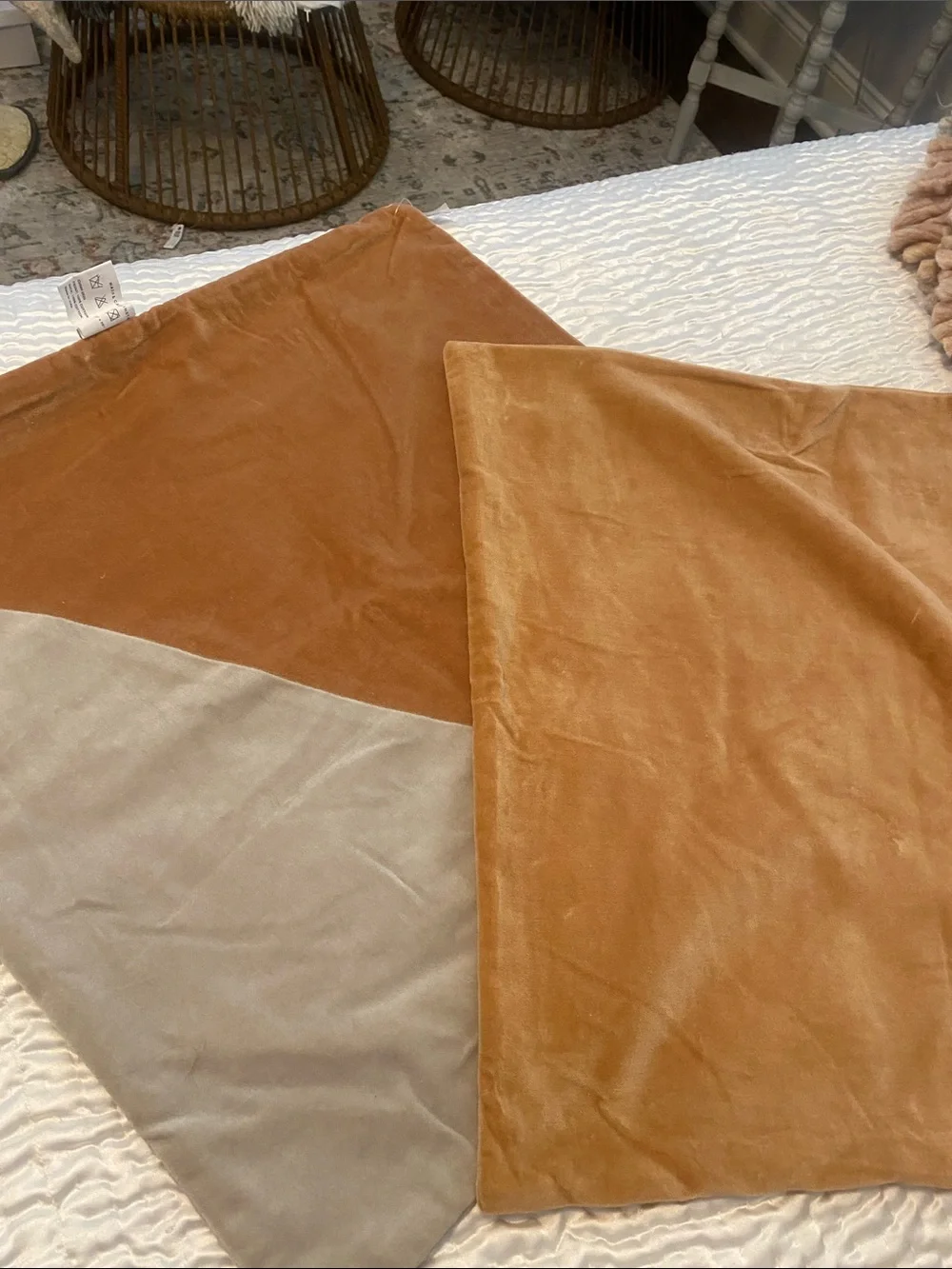 Set of 2 - 20x20 Two-Tone Velvet Throw Pillow Covers in Rust and Taupe